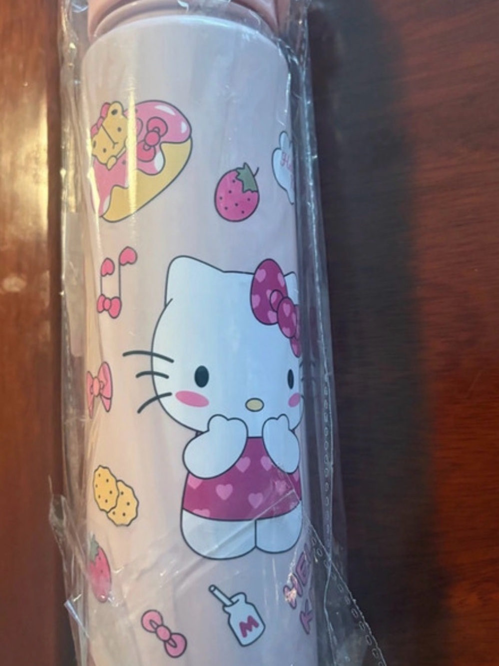 Hello Kitty Pink and White Water Bottle with Strawberry Motifs